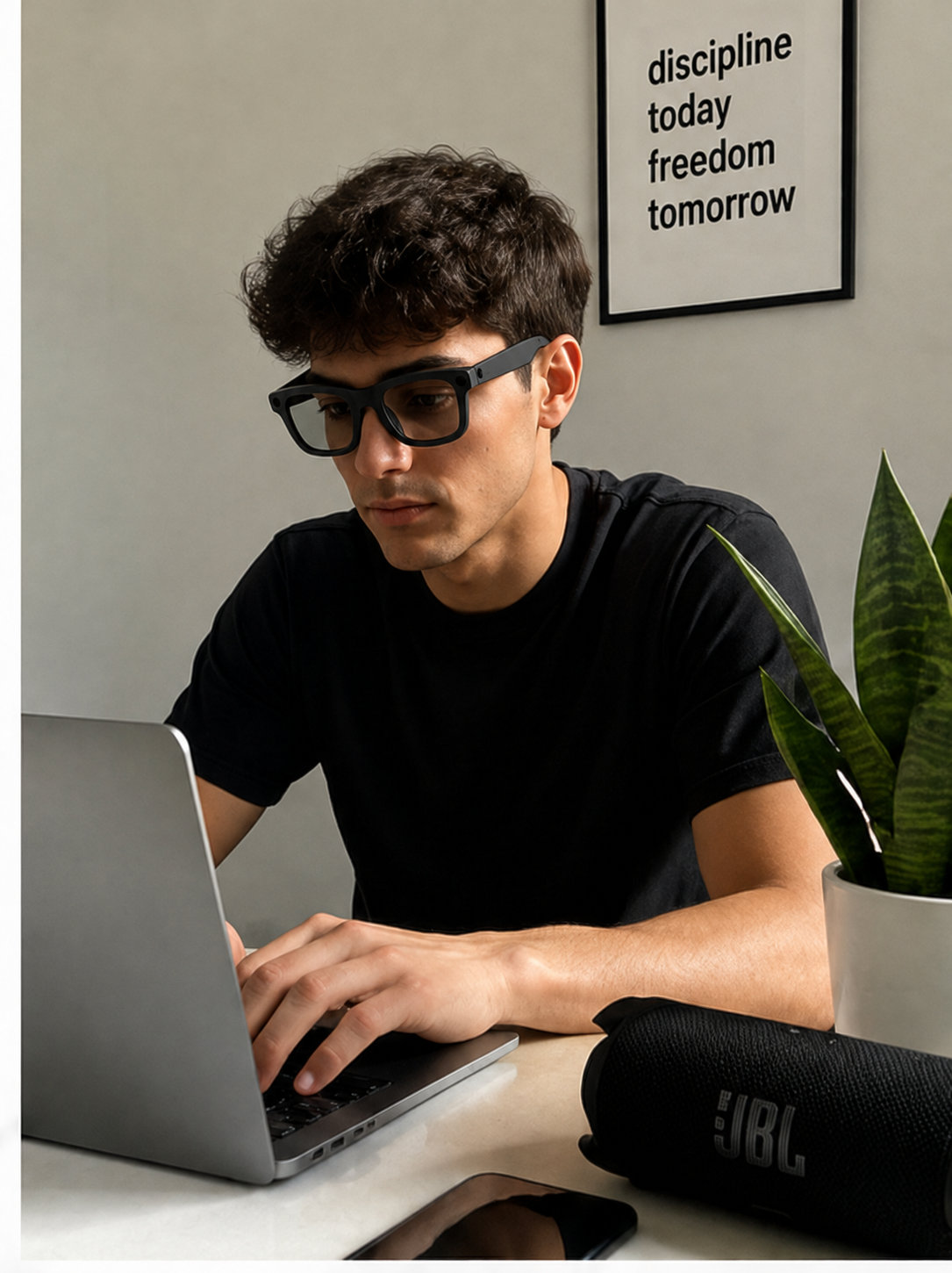 Hombre trabajando con gafas inteligentes E03 negras